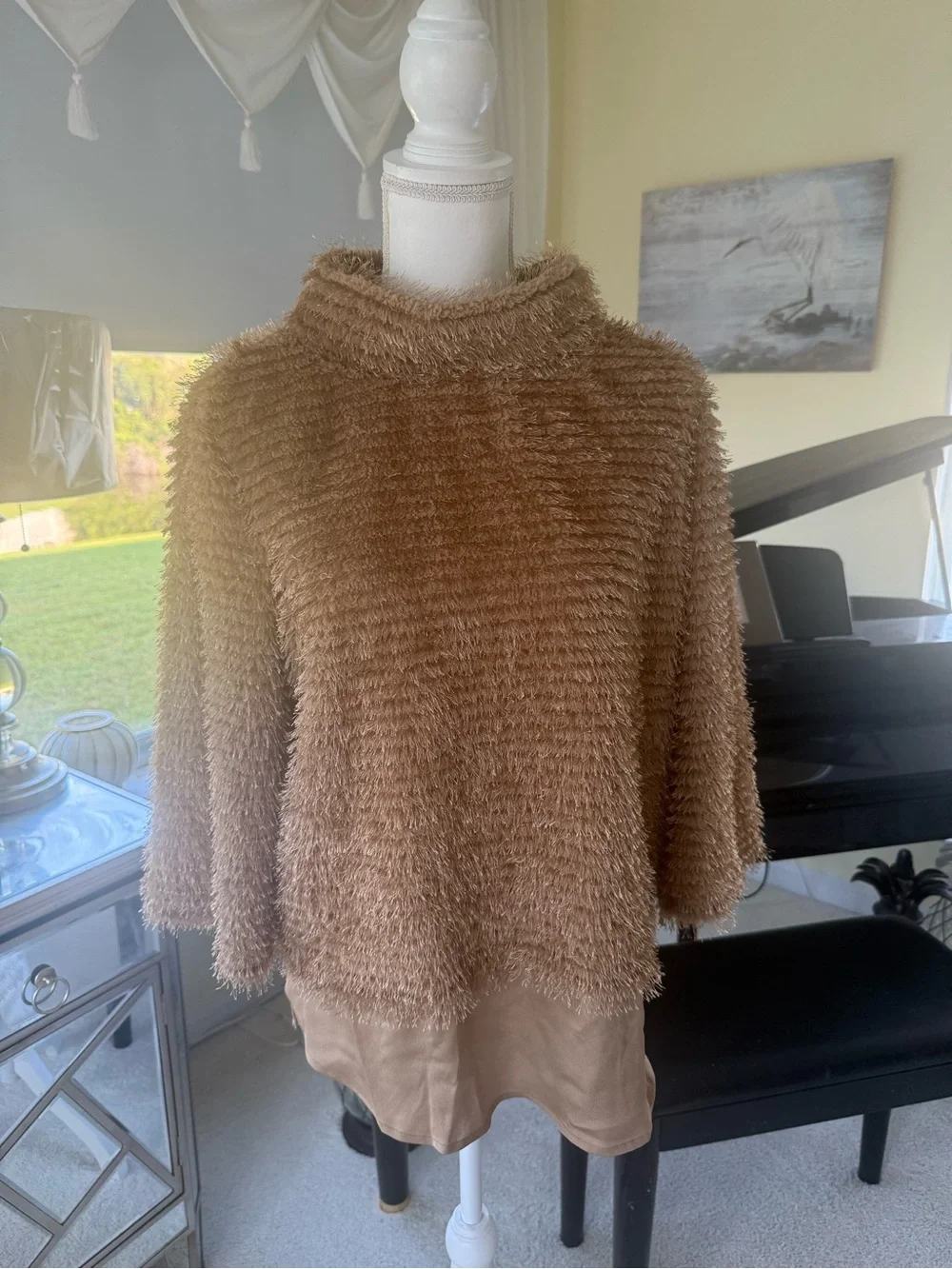 Vince Camuto tan brown textured eyelash knit, fluffy cowl neck tunic sweater